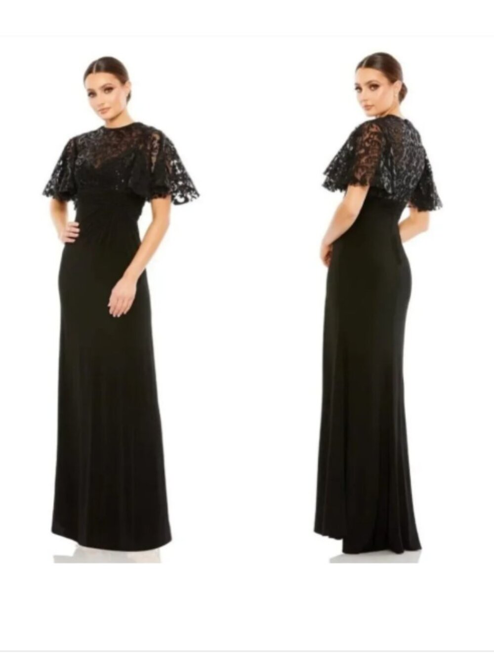 Mac Duggal Black Embellished Butterfly Sleeve Gown Sequin Lace size 6